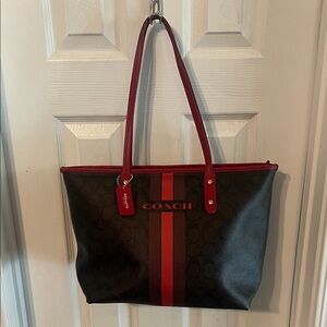 EUC Coach Varsity Stripe City Zip - Black and Red Signature Tote